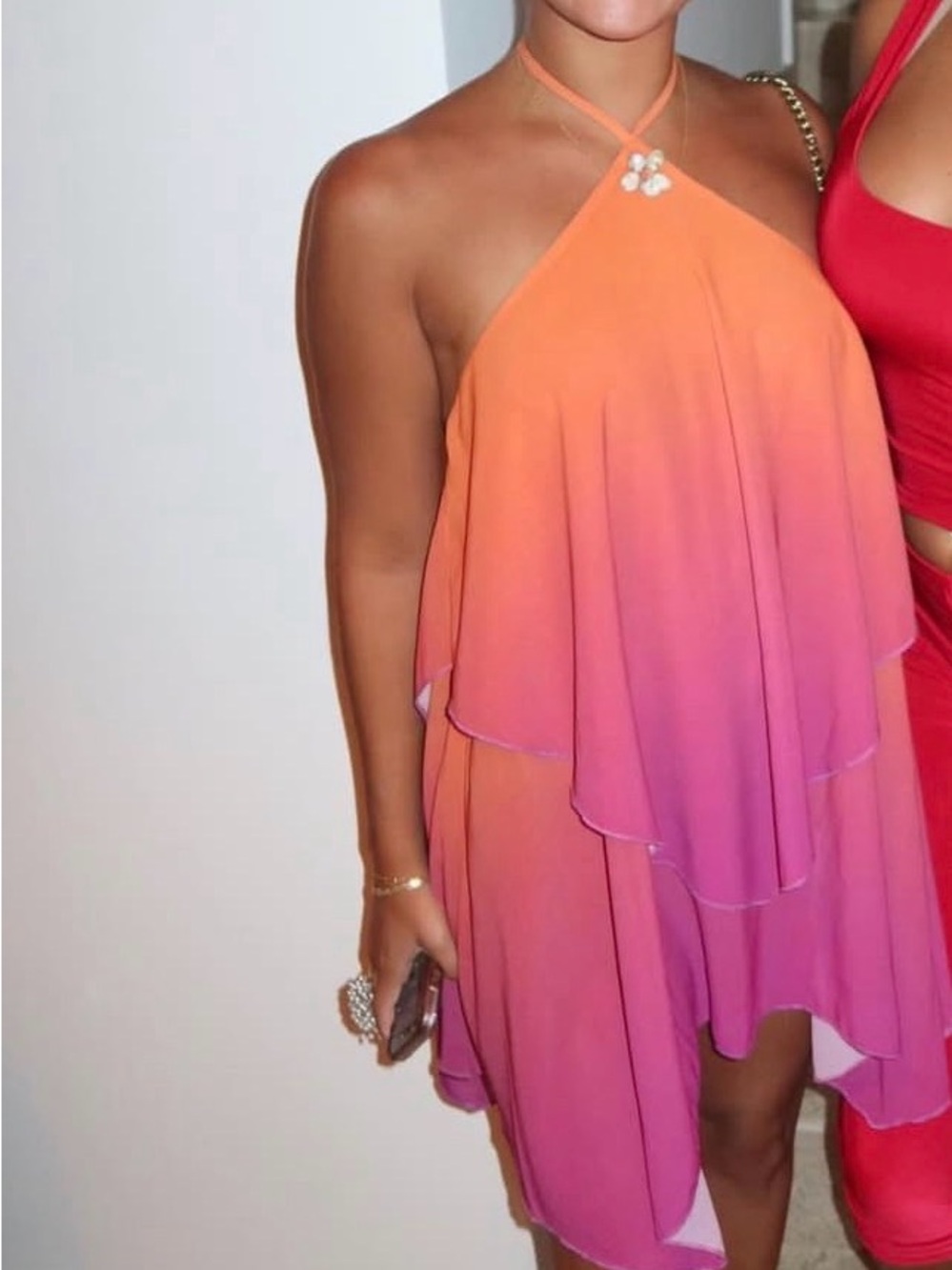 Peppermayo Orange to Pink Ombre One-Shoulder Layered Mini Dress
